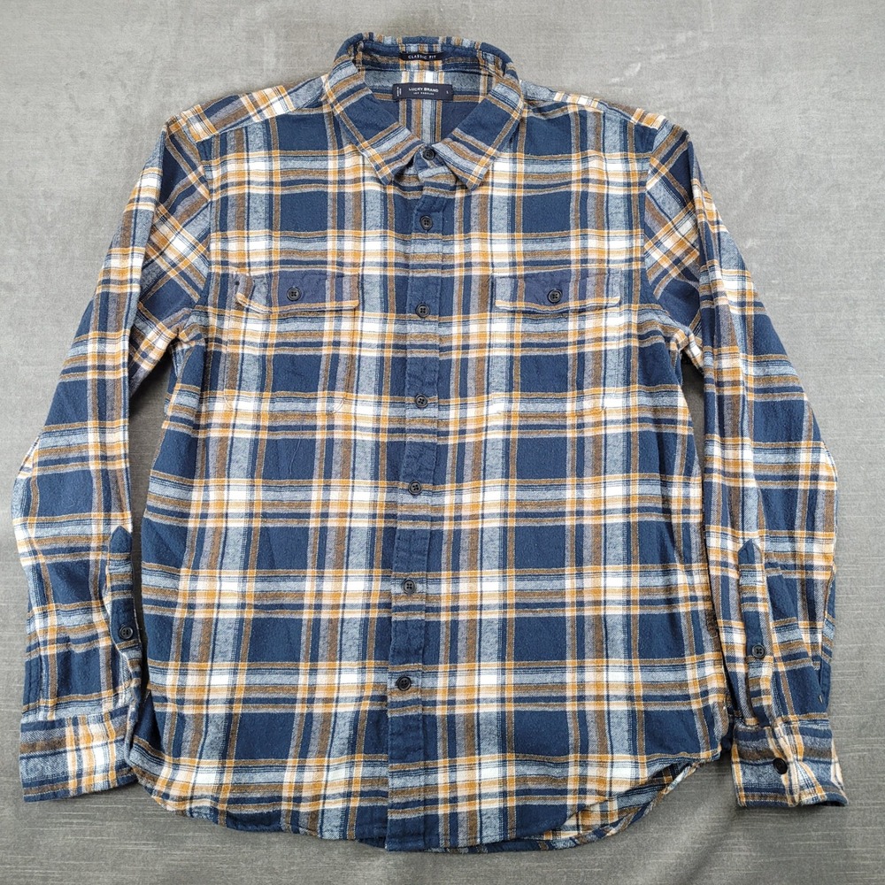 Lucky Brand Mens Classic Fit Flannel Shirt Large Blue Gold‎ Plaid Button Down L